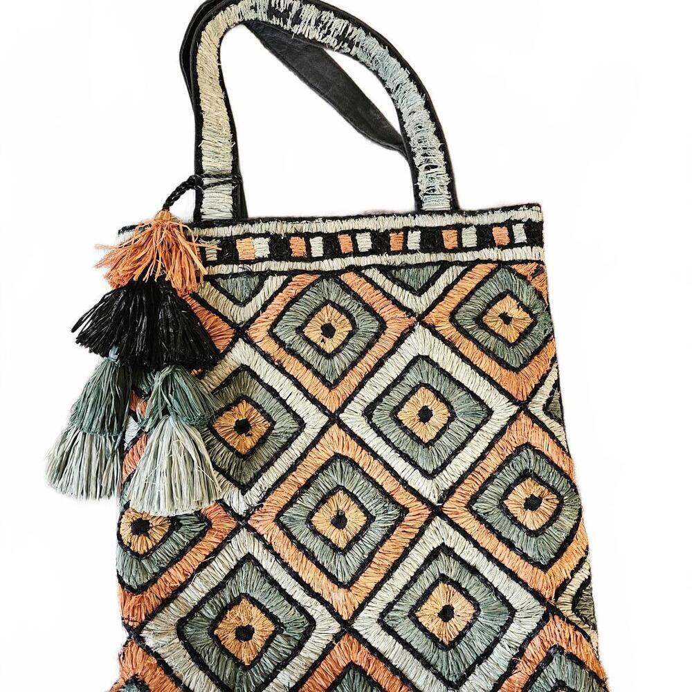 Handmade Geometric Pattern Tote Bag with Tassels